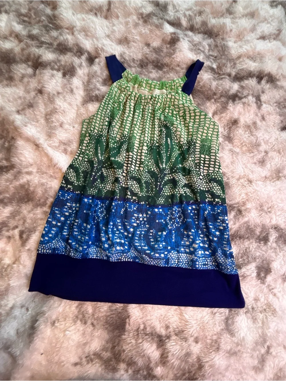 Maurices Green and Blue Printed Halter Tank with Navy Trim